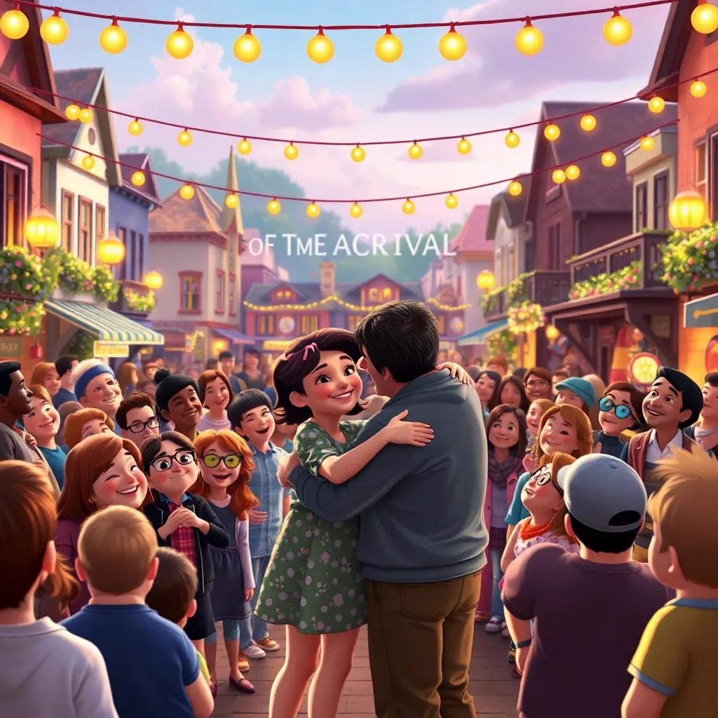 The town square filled with smiling faces as the mayor announces the end of the festival, Lila and Max hugging each other, surrounded by friends and family, digital art, joyful and heartwarming atmosphere, inviting scene, high quality