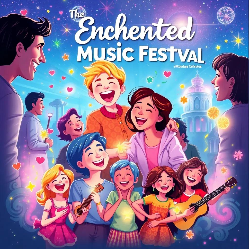 A collage of joyful moments from the Enchanted Music Festival, depicting laughter, music, and friendships, with colorful elements representing unity and love, illustration, bright and cheerful, heartwarming scene, high quality