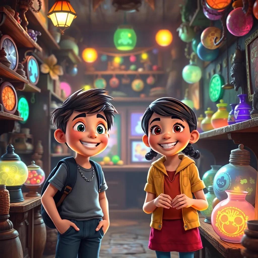 Max and Mia, two 10-year-old friends, with bright smiles and casual clothes, exploring a dusty old shop filled with strange trinkets and glowing puzzles, colorful lights, warm atmosphere, child-friendly