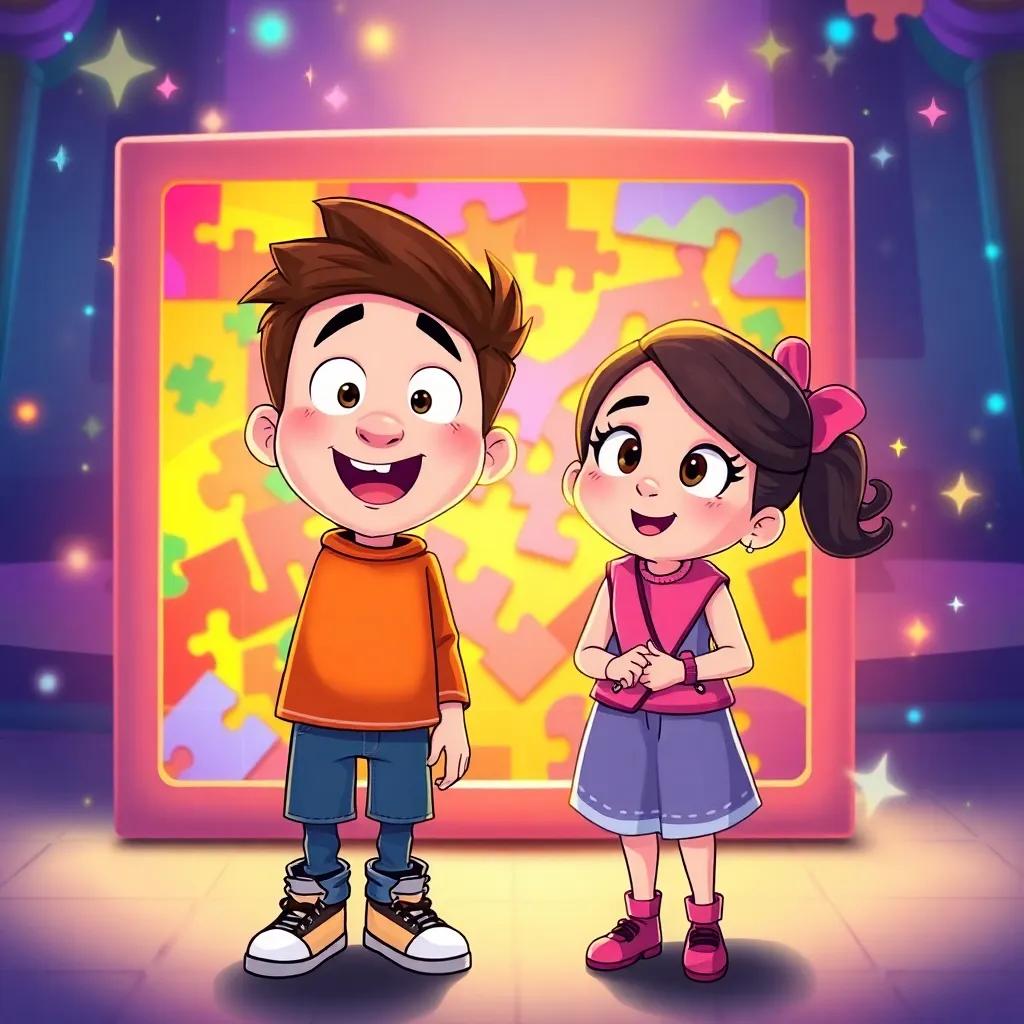 Max and Mia, excited expressions, standing in front of a colorful puzzle box, with sparkling lights swirling around them, vibrant colors, magical environment, illustration, cheerful
