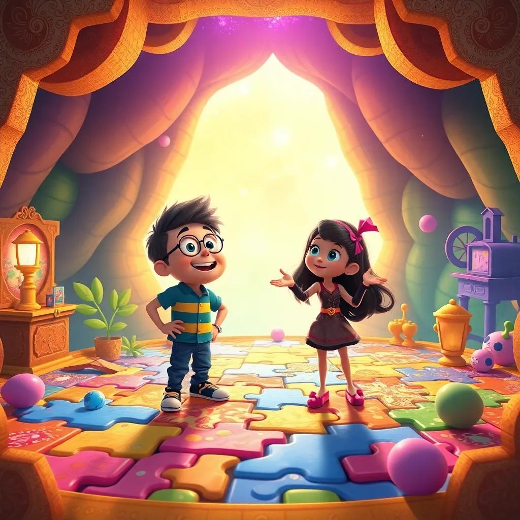 Max and Mia, inside the enchanted puzzle, standing on a giant game board with vibrant colors and animated elements, looking amazed and ready for adventure, digital art, engaging scene, lively atmosphere