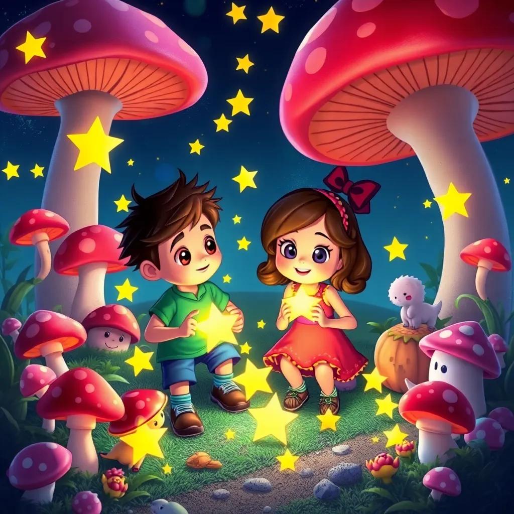 Max and Mia, working together to collect glowing stars, surrounded by bright mushrooms and whimsical creatures, filled with determination, fantasy-themed, colorful surroundings, fun