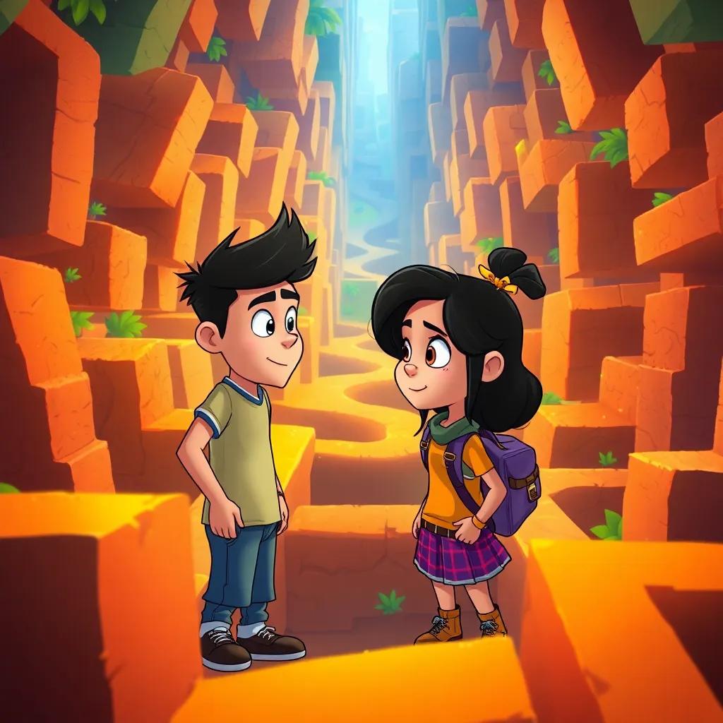 Max and Mia, facing a maze filled with tricky paths, looking at each other in encouragement, their expressions full of focus, bright colors, adventure, helping each other