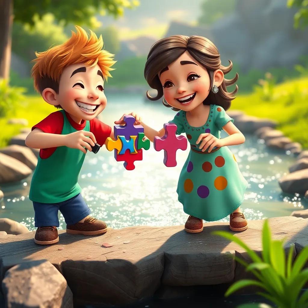 Max and Mia, building a bridge with special puzzle pieces over a sparkling river, teamwork spirit, laughter on their faces, colorful puzzle pieces, joyous atmosphere