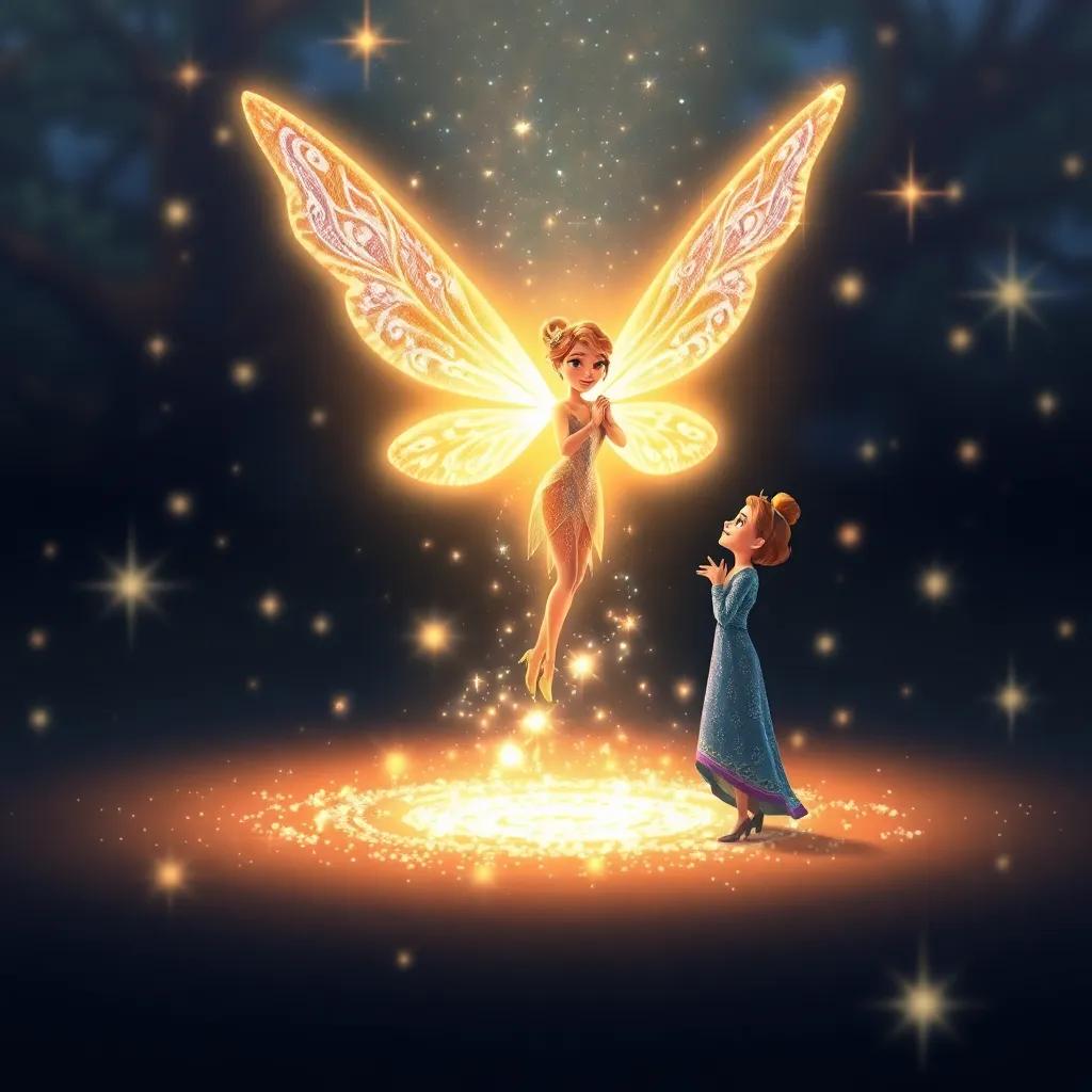 A fairy with shimmering wings appearing before Max and Mia, surrounded by sparkles and magic, welcoming and congratulating them, enchanting scene, whimsical