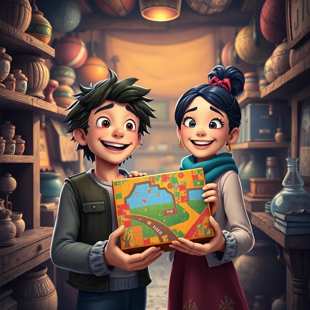 Max and Mia, back in the dusty shop, holding the puzzle box, their faces filled with excitement and joy, vibrant colors, nostalgic atmosphere
