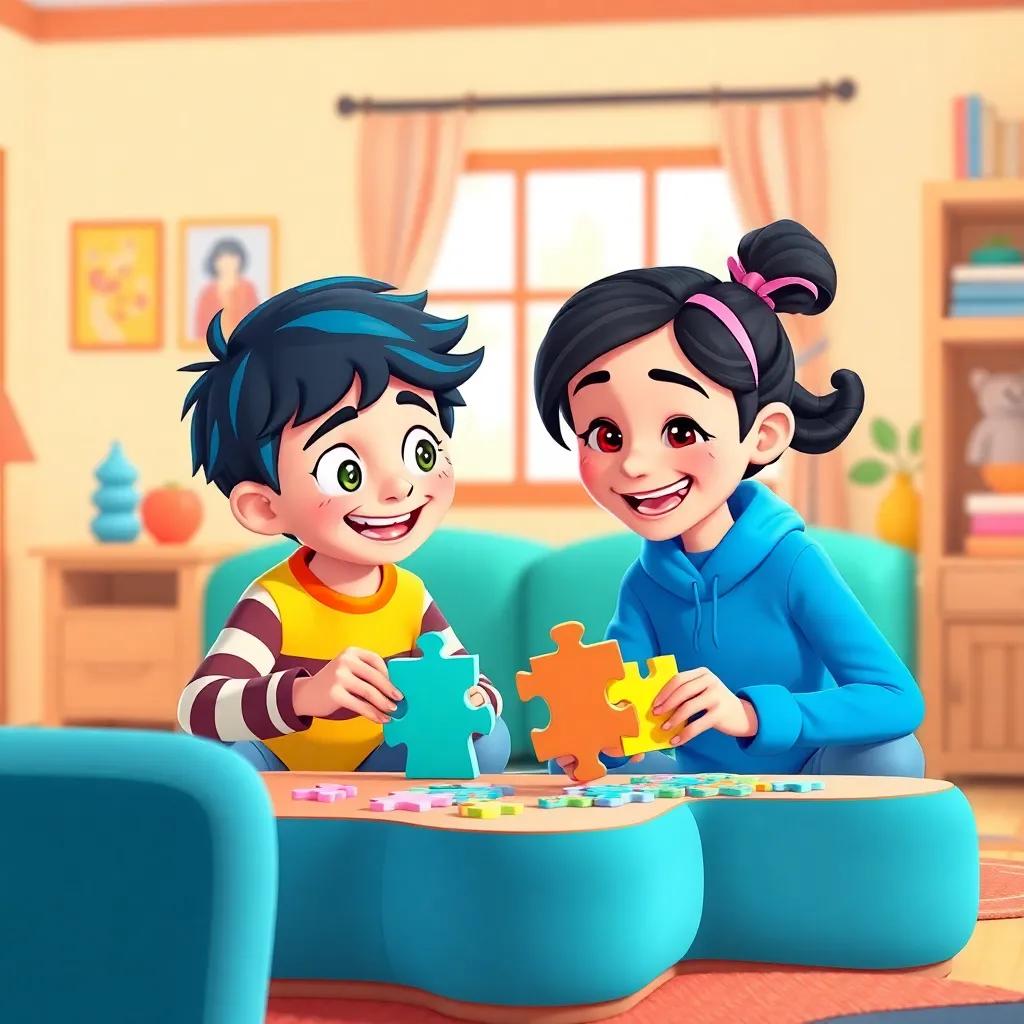 Max and Mia, happily solving puzzles together at home, showing teamwork and friendship, bright colors, cheerful environment, cartoon-like