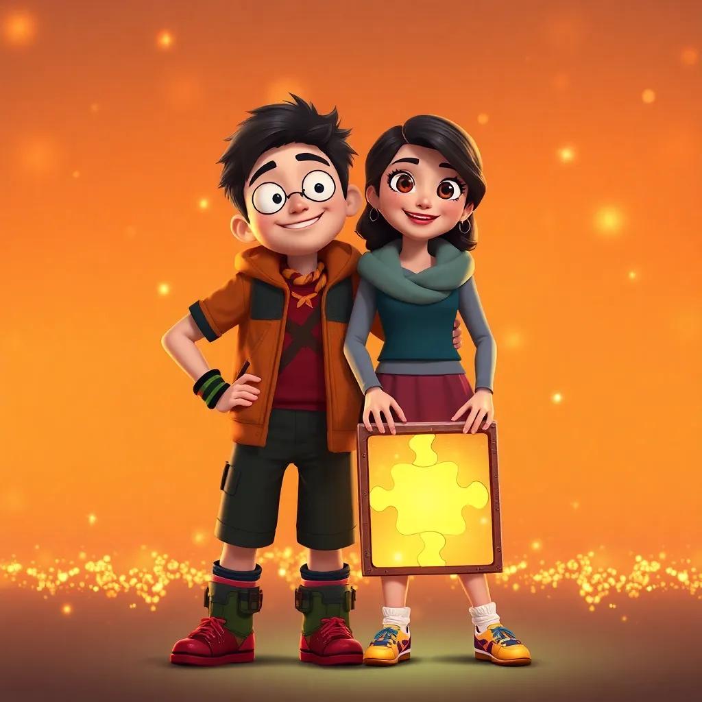 Max and Mia, standing proud together with a glowing puzzle box in hand, surrounded by sparkling lights, signifying their journey of friendship and adventure, inspirational, warm colors