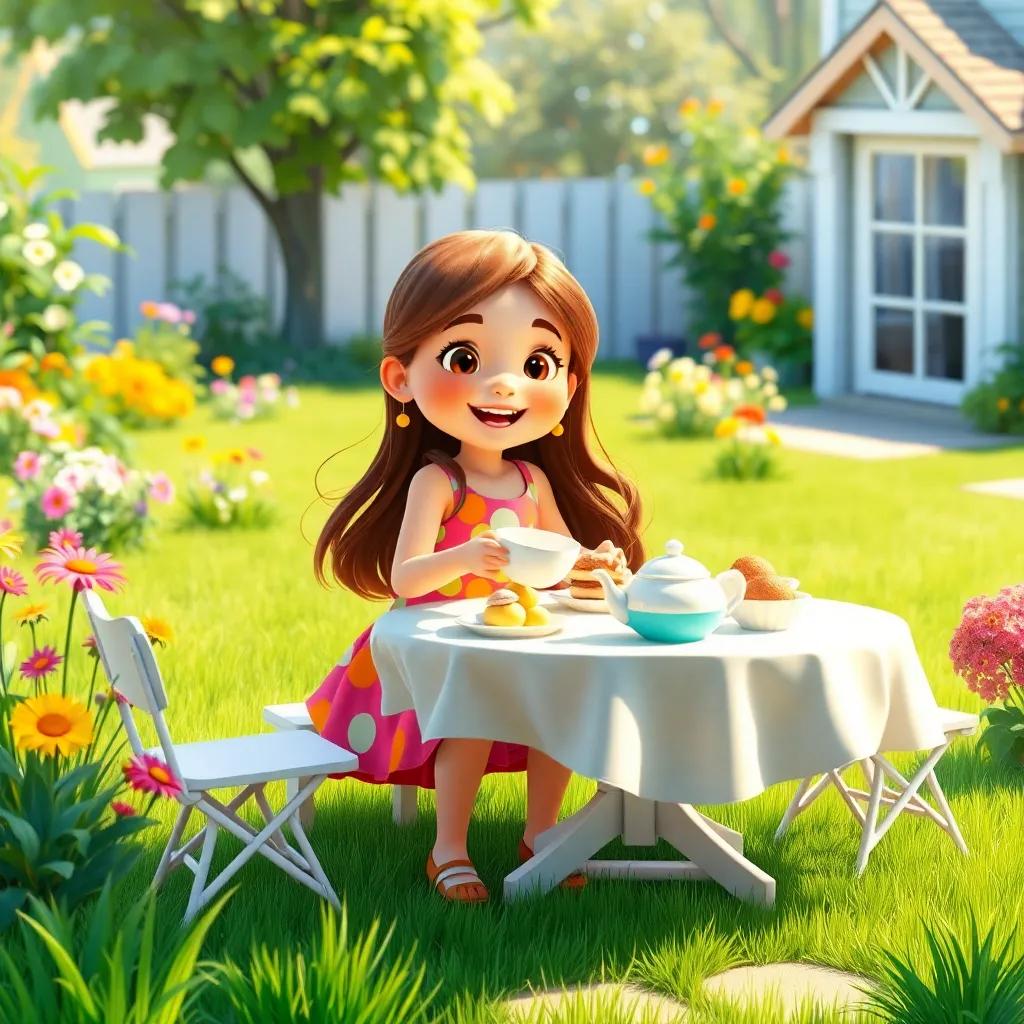A cheerful girl, Lily, with long brown hair wearing a bright dress, setting up a colorful tea party in a sunny backyard with flowers and green grass, digital art, bright colors, joyful atmosphere, high quality