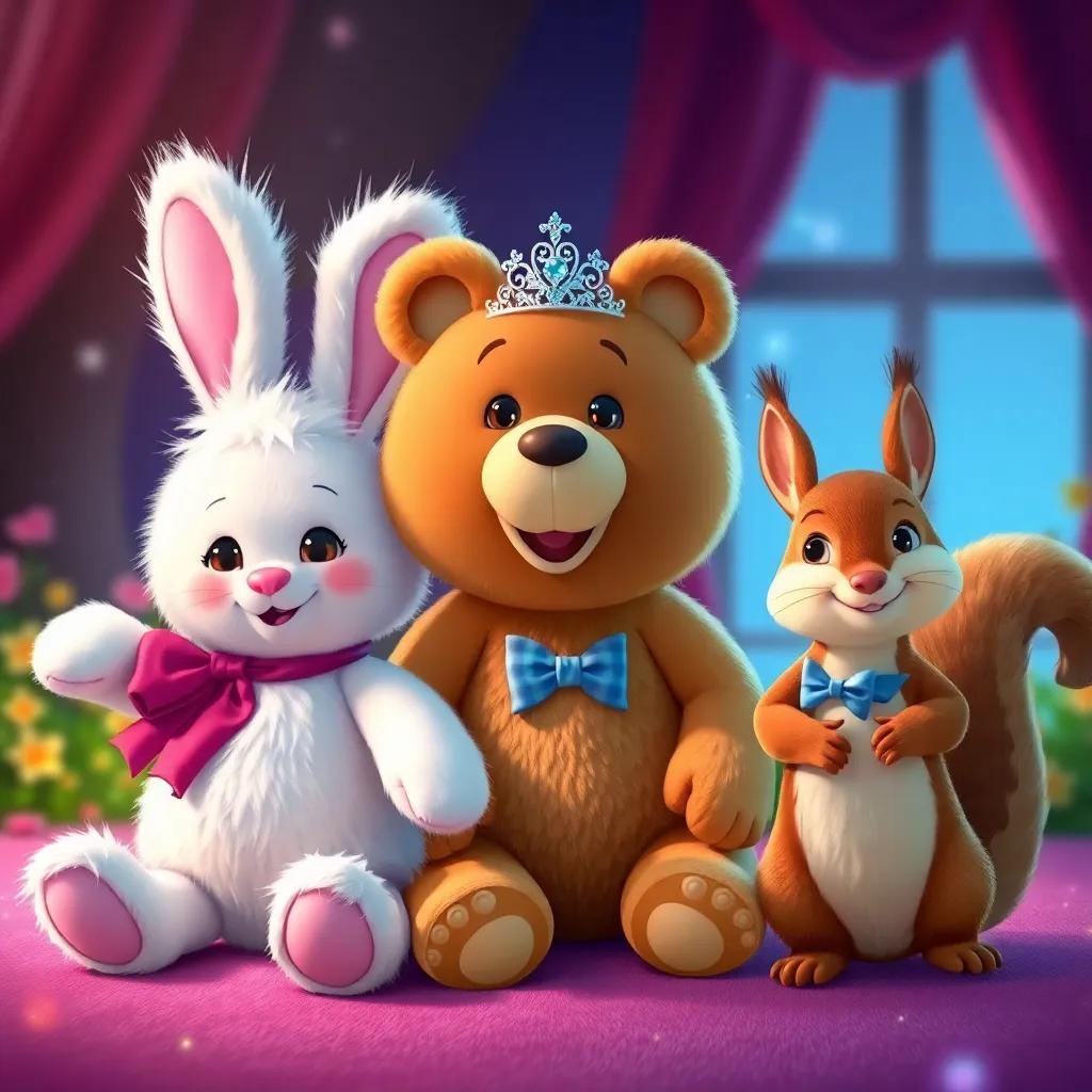 Lily's stuffed animals, Mr. Fluffykins the bunny with fluffy white fur, Bella the bear with a sparkling tiara, and Sammy the squirrel with a bowtie, coming to life in a magical scene, illustration, vibrant colors, enchanting feel, high quality