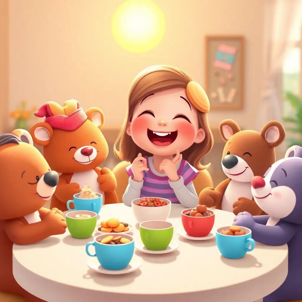 Lily laughing and enjoying tea with her stuffed animal friends, sitting around a table with colorful cups and delicious snacks, the sun shining above, cheerful, playful, heartwarming, high quality