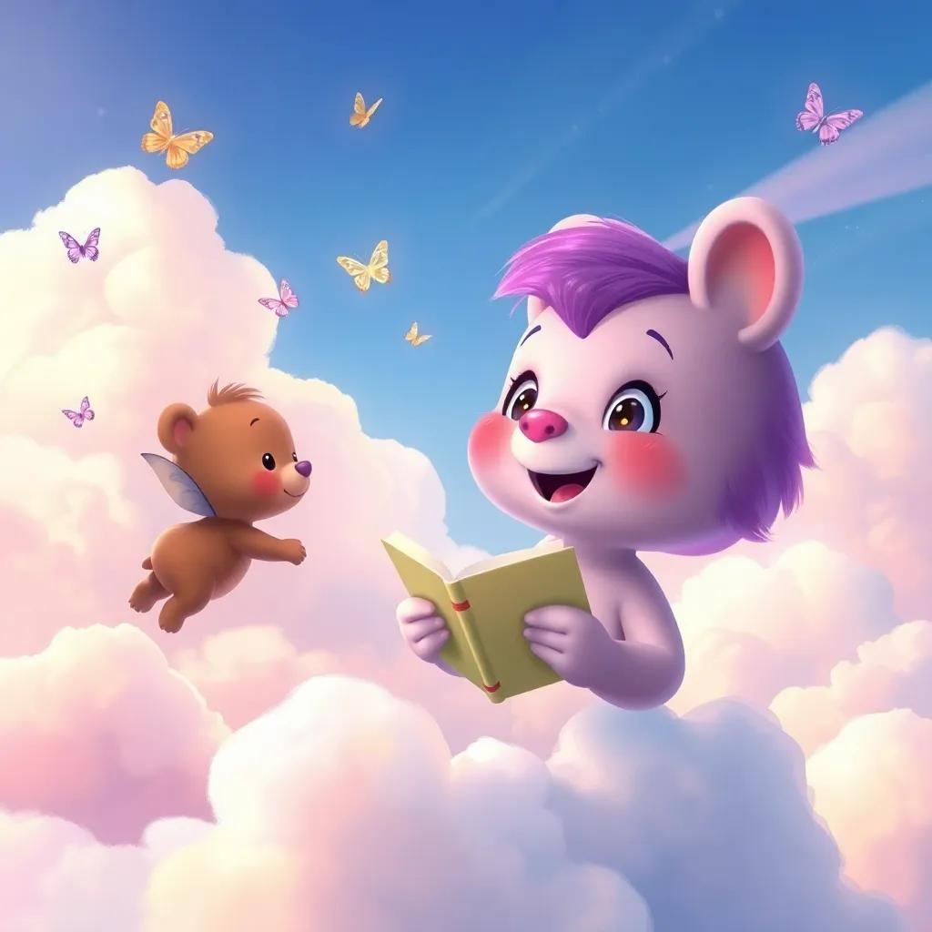 Bella the bear sharing a story about flying in the sky, with a whimsical background of clouds and butterflies, digital painting, imaginative, captivating atmosphere, high quality