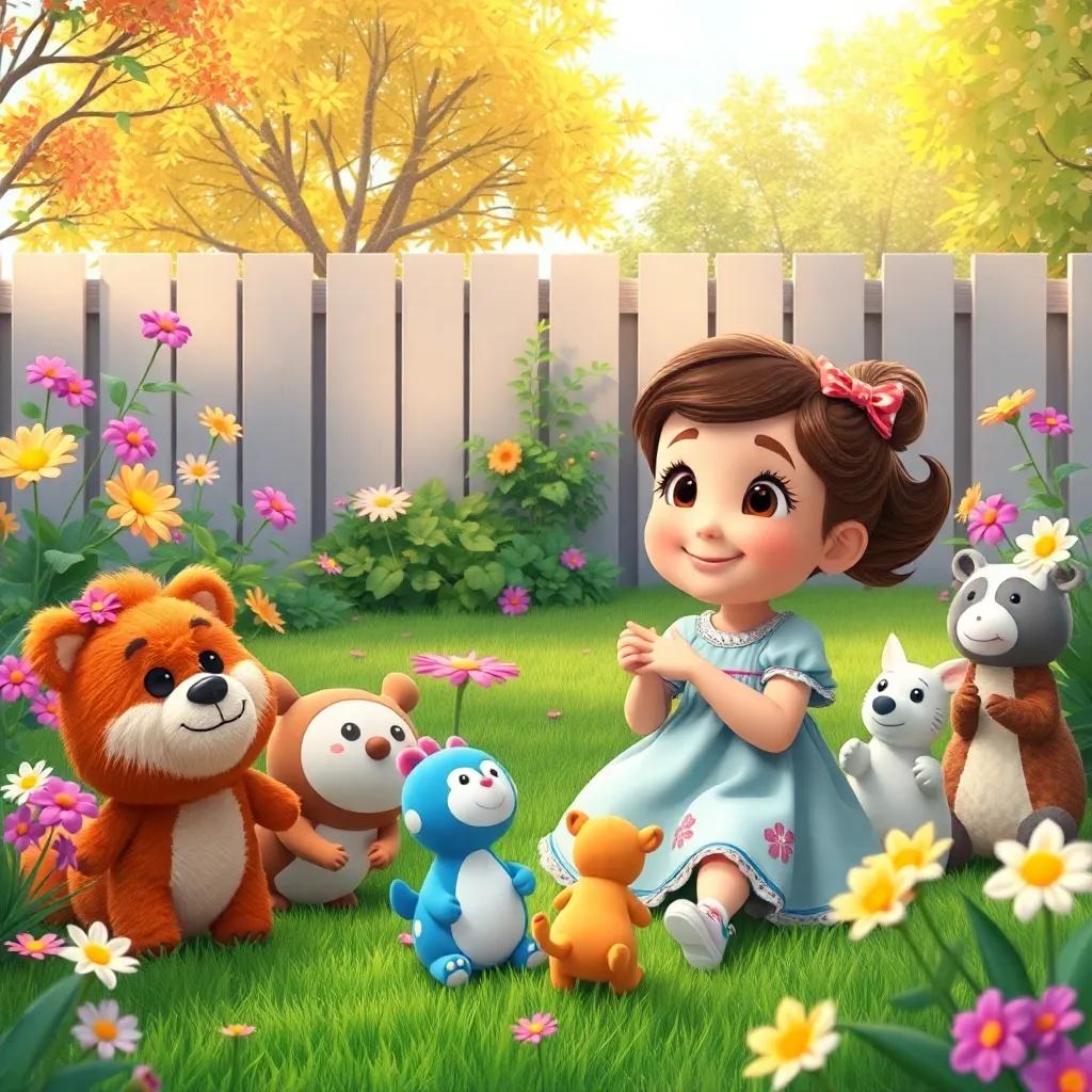 Lily counting while her stuffed animals hide during the game, a lively backyard scene with flowers and trees, joyful, interactive, playful vibe, high quality
