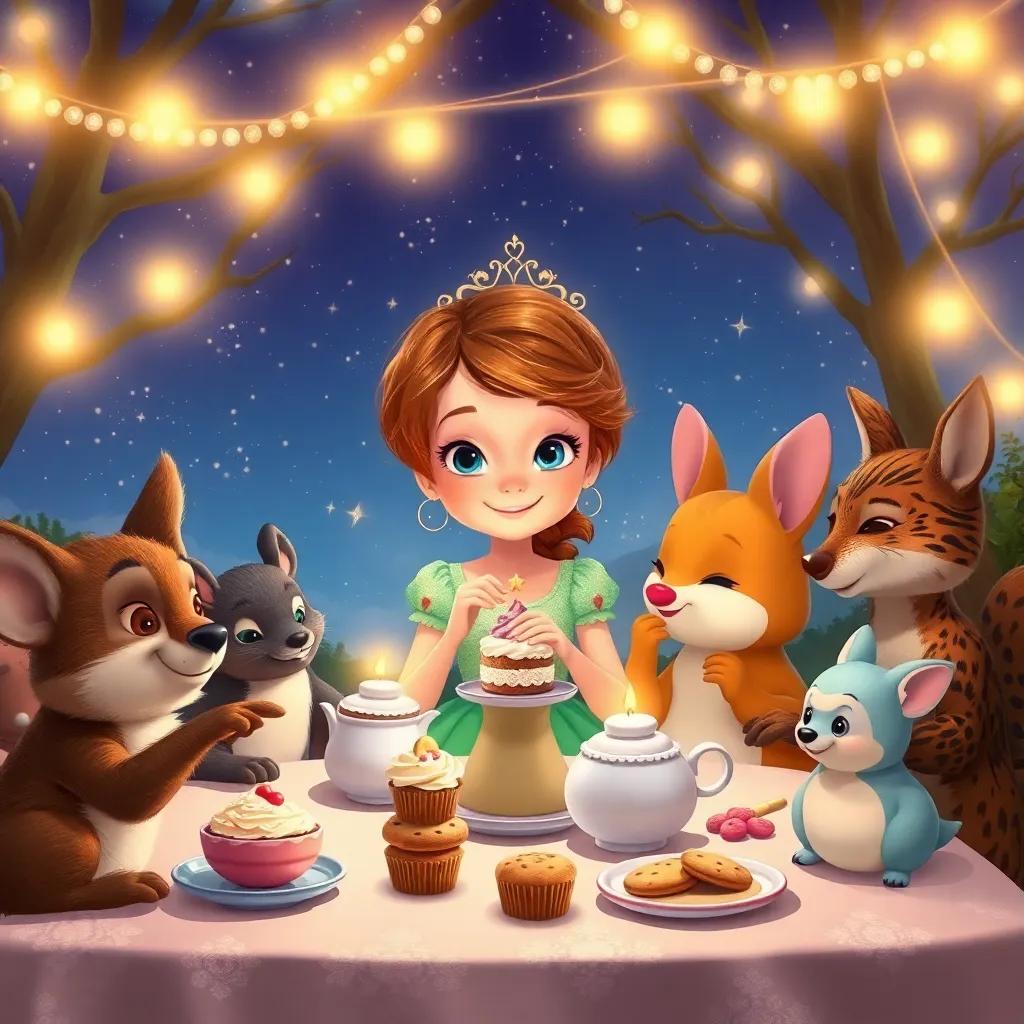 Lily with her enchanted animal friends, sharing cupcakes and cookies at the tea party table under the evening sky, filled with stars, cozy, magical, inviting atmosphere, high quality