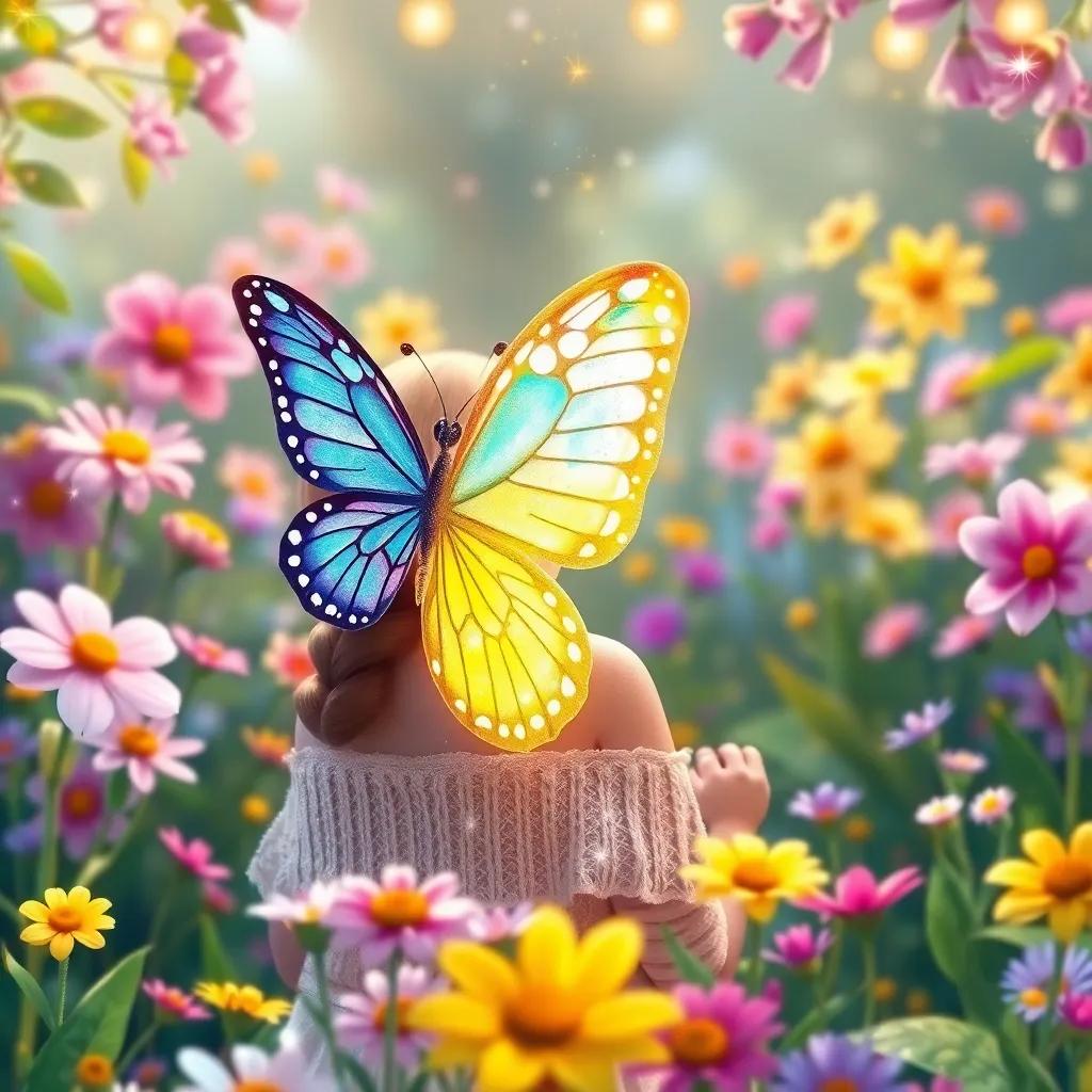 A beautiful butterfly resting on Lily's shoulder during the tea party, surrounded by a garden full of flowers, sparkly and colorful, whimsical, dreamy, enchanting scene, high quality