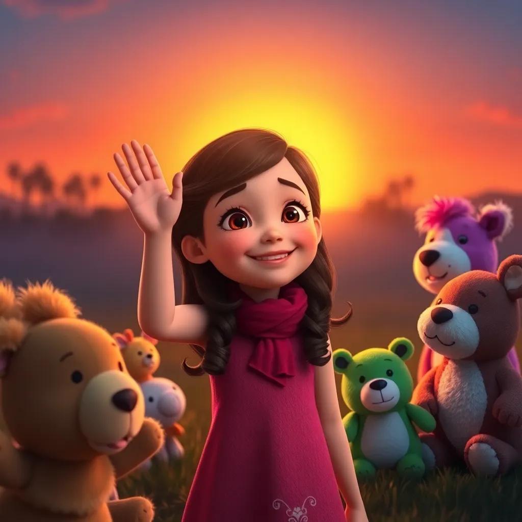 Lily waving goodbye to her enchanted stuffed animals with a smile, the sunset casting a warm glow in the background, heartwarming, emotional, nostalgic atmosphere, high quality