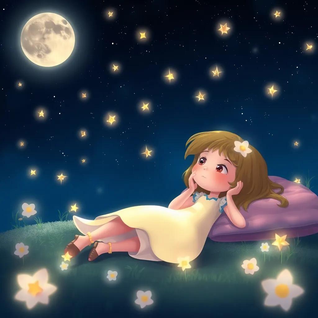 Lily lying under the stars at night, dreaming of her magical tea parties with her friends, surrounded by soft moonlight and twinkling stars, serene, peaceful, imaginative scene, high quality
