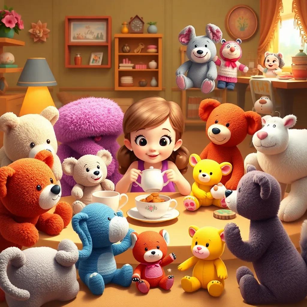 A collage of Lily's past tea parties with her stuffed animals, filled with joy and vibrant memories, nostalgic, warm tones, cheerful, imaginative, high quality