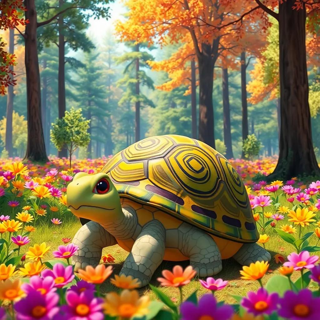 A wise tortoise, Theo, with a beautiful patterned shell, sitting in a sunny forest full of colorful flowers, surrounded by tall trees, digital art, cheerful, vibrant colors, warm sunlight, inviting atmosphere, high quality