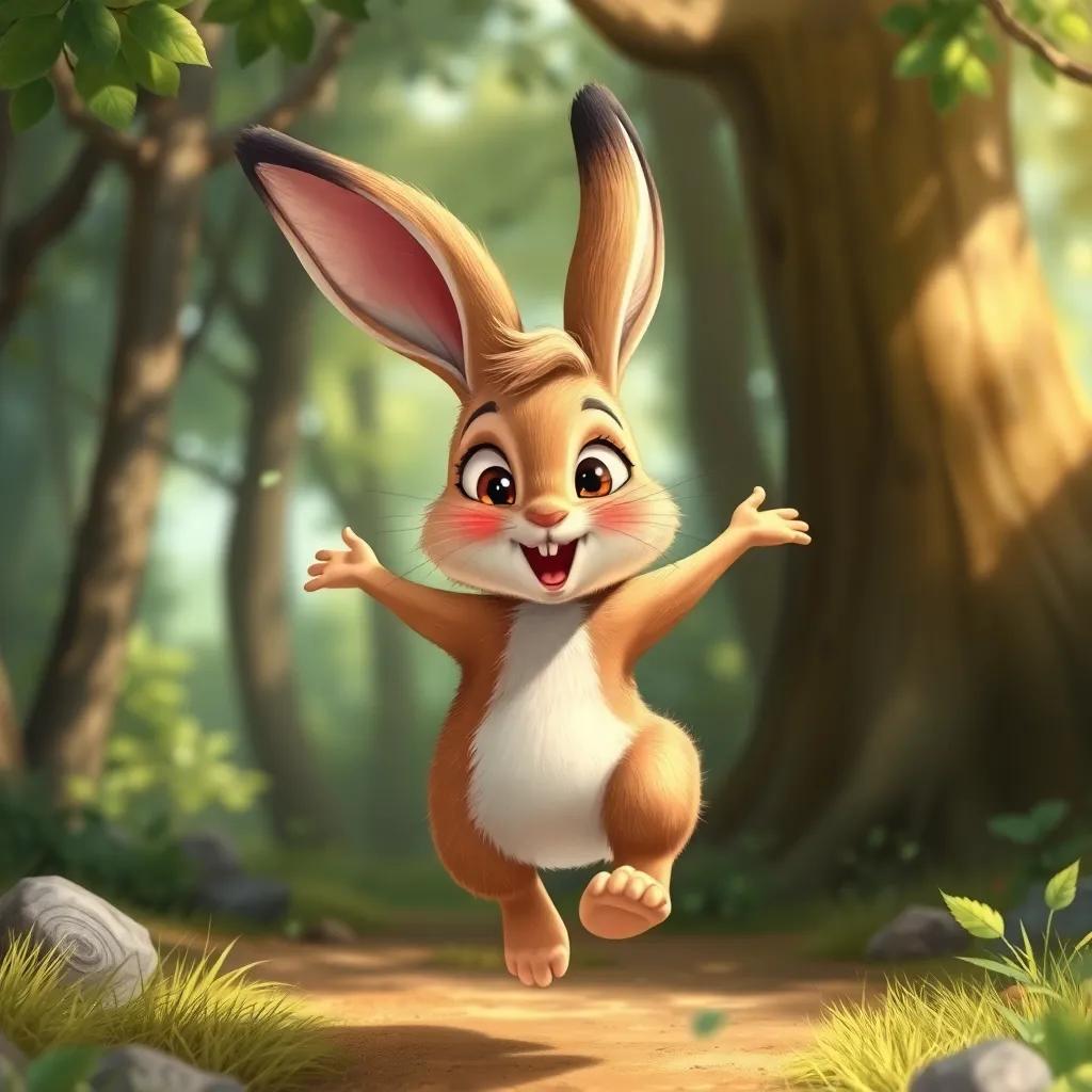 A hyperactive hare, Hazel, with soft brown fur and big ears, bouncing excitedly in the forest, with her eyes sparkling with dreams, detailed illustration, bright colors, joyful mood, playful ambiance, high quality