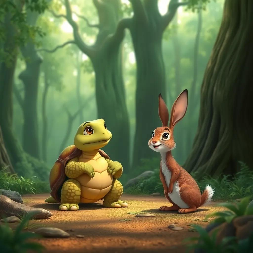 Theo the tortoise talking to Hazel the hare in the forest, with Hazel looking playful and curious, trees towering in the background, illustration, enchanting, green hues, inviting atmosphere, high quality