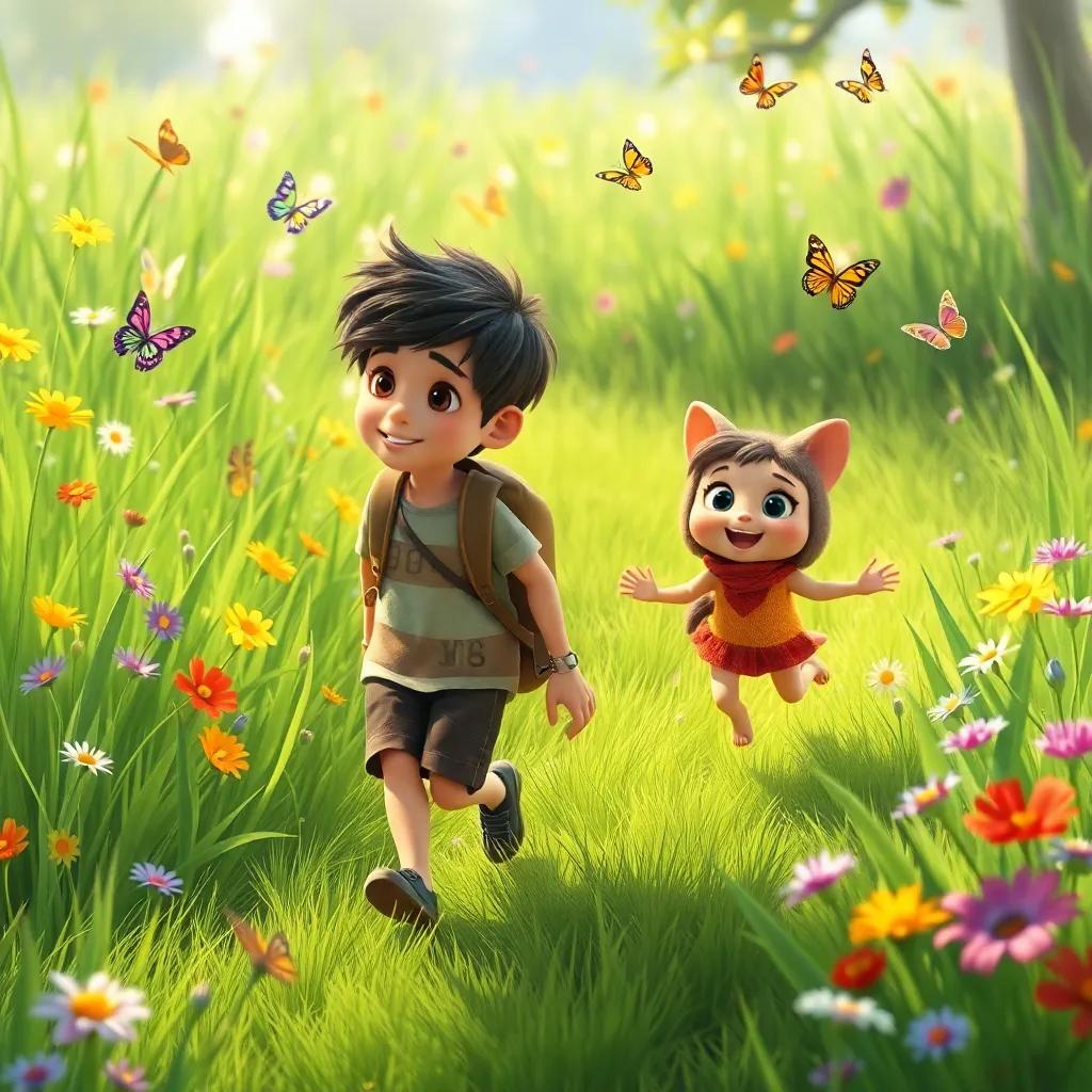 Theo and Hazel on an adventure walking through tall grass and colorful flowers, with butterflies fluttering around, Theo slowly enjoying the sights and Hazel hopping excitedly, digital art, lively, high quality