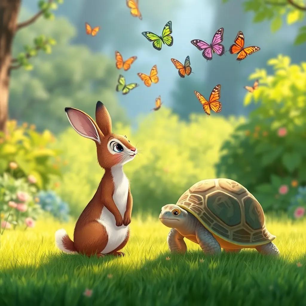 Hazel the hare stopping to admire butterflies while Theo the tortoise watches her, colorful butterflies floating in the air above them, lush green landscape, illustration, cheerful, bright colors, warm sunlight, high quality