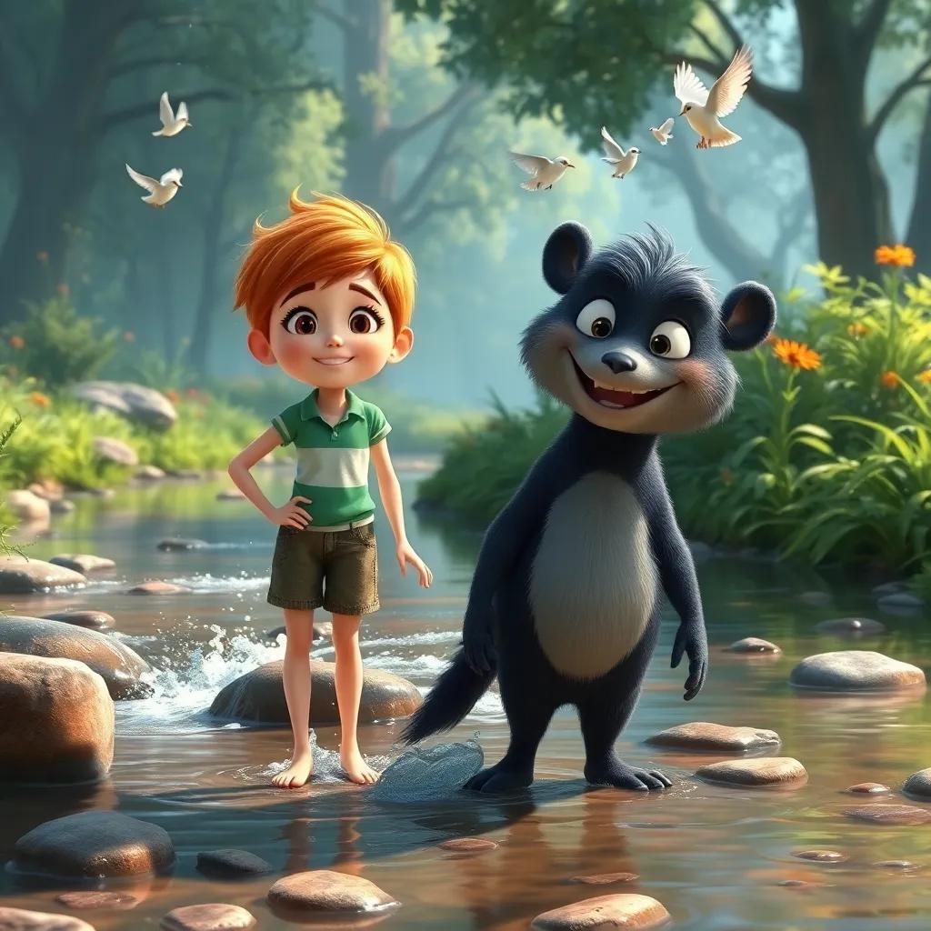 Theo standing by a bubbling brook while Hazel bounces across joyfully, surrounded by singing birds and lush trees, detailed digital art, serene, vibrant, joyful mood, high quality