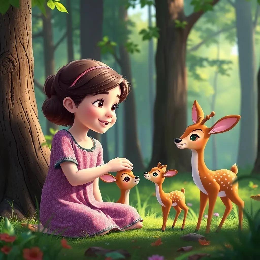 Hazel learning from Theo while watching a family of deer play, a gentle smile appears on her face, peaceful forest scene, illustration, bright and soothing colors, child-friendly, high quality