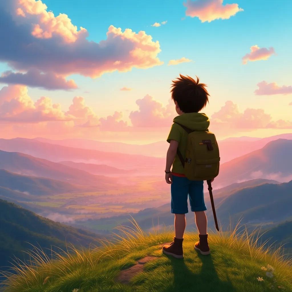 Theo and Hazel reaching a hilltop together with an amazing view of the valley, both looking awe-struck, colorful sky with soft clouds, digital painting, beautiful scenery, uplifting atmosphere, high quality