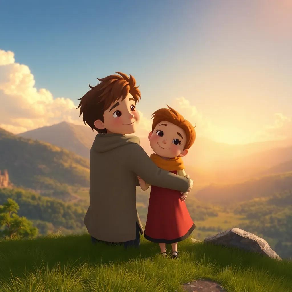 Theo and Hazel together taking a moment to enjoy the view of the valley, feeling a bond of friendship, soft sunlight bathing them in warmth, illustration, heartfelt, warm colors, joyful ambiance, high quality