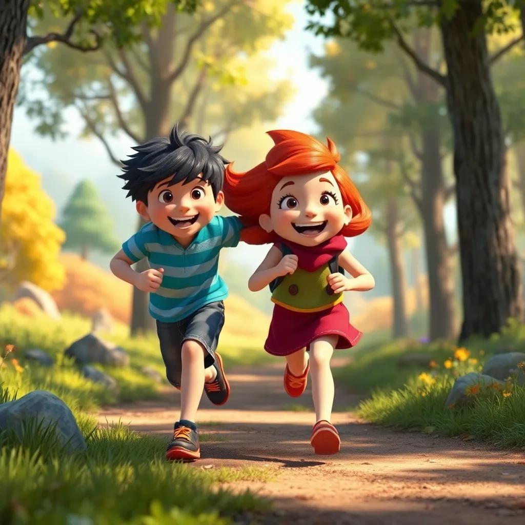 Theo and Hazel embarking on more adventures together, running in the forest while sharing laughs, sunny and vibrant environment, colorful landscapes, digital art, cheerful, inviting atmosphere, high quality