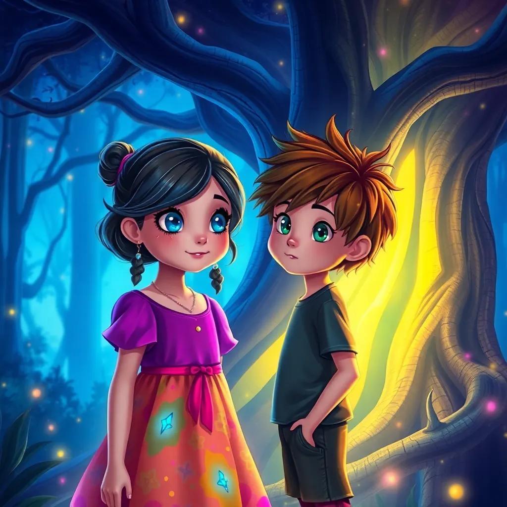A brave girl, Ella, with sparkling blue eyes, wearing a colorful dress, whispering to her friend Jack, a curious boy with messy brown hair, standing in front of a glowing tree in an enchanted forest, shadows dancing around them, digital art, vibrant colors, magical atmosphere, high quality