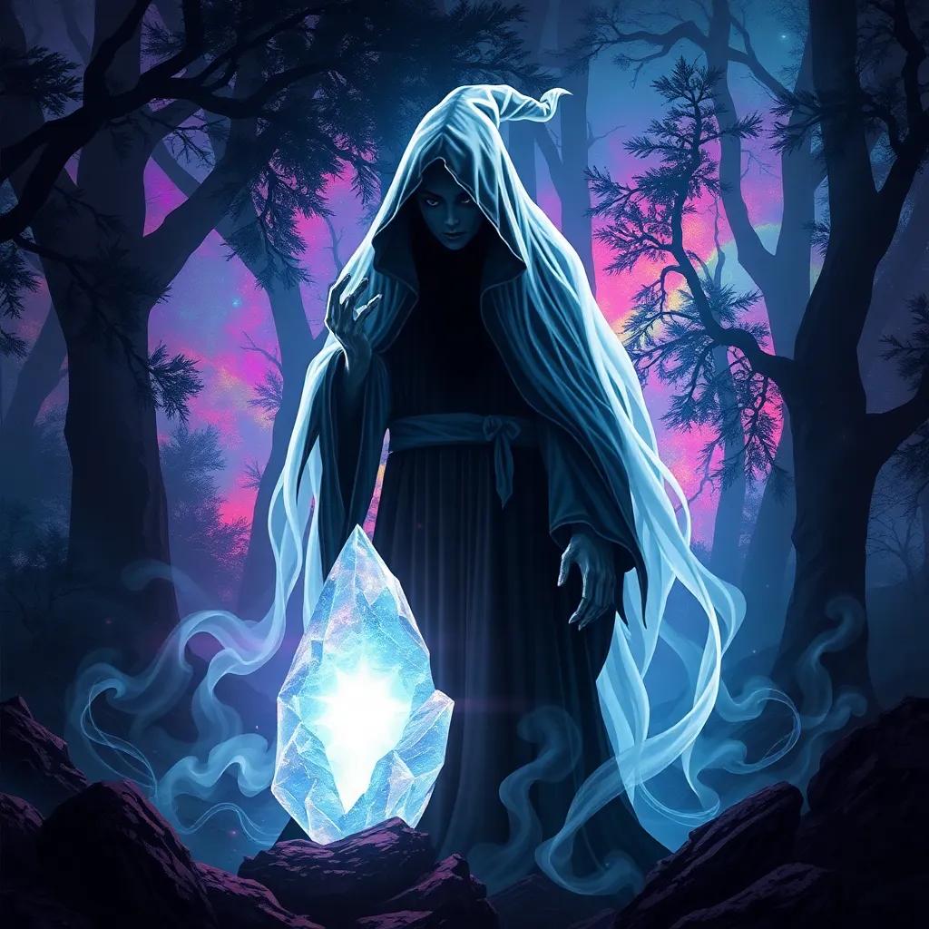 A mysterious witch cloaked in silvery mist, standing beside a magical glowing crystal, with an enchanted forest background filled with vibrant colors, shadows swirling around, dramatic lighting, high quality, digital illustration