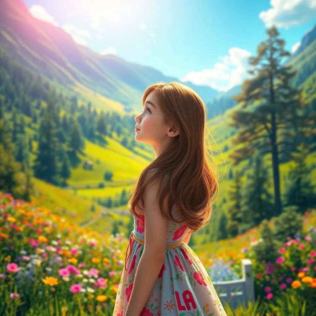A young girl, Lila, with long brown hair wearing a colorful dress, gazing dreamily at the bright green valley filled with flowers and trees, bright sunlight, cheerful colors, enchanting atmosphere, high quality