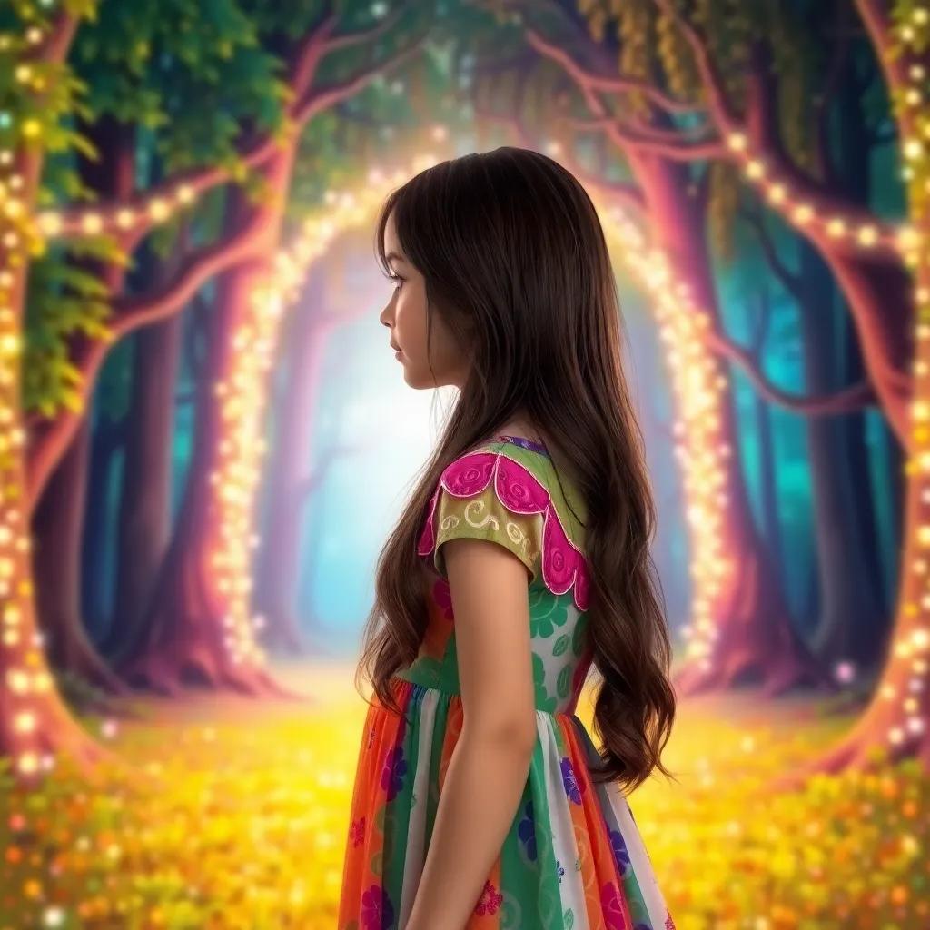 A young girl, Lila, with long brown hair in a colorful dress, standing before a shimmering archway of sparkling light in a magical forest, vibrant colors, whimsical vibe, high quality