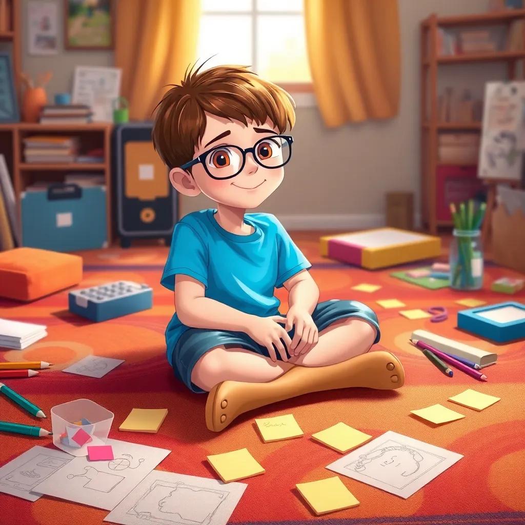 A young boy, Max, with short brown hair, wearing glasses and a bright blue shirt, sitting on a colorful carpet covered with sketches and sticky notes, surrounded by art supplies, warm lighting, cheerful and creative atmosphere, digital art, high quality