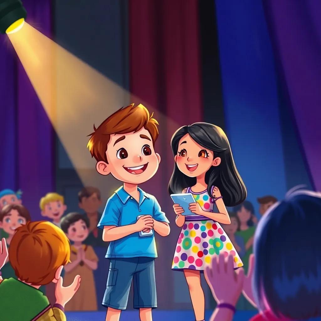 Max, a young boy with short brown hair in a bright blue shirt, standing on a stage with his friend Mia, a girl with long black hair in a colorful dress, presenting a gadget to an audience, spotlight shining on them, vibrant colors, enthusiastic audience clapping, digital painting, joyful and inspiring