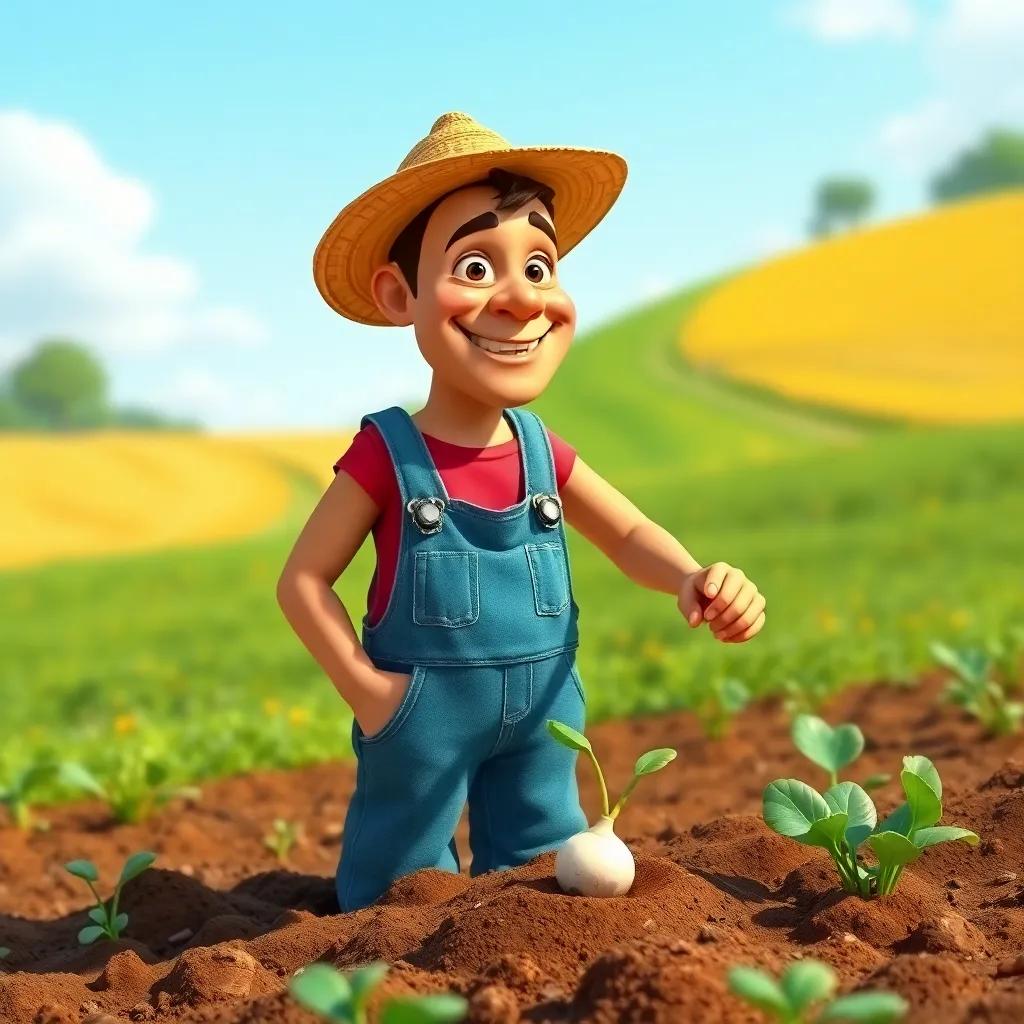 A tall farmer with sun-kissed skin, wearing overalls and a straw hat, planting a tiny turnip seed in rich soil, bright sunny day, fields in the background, cheerful atmosphere, digital art, bright and colorful, whimsical