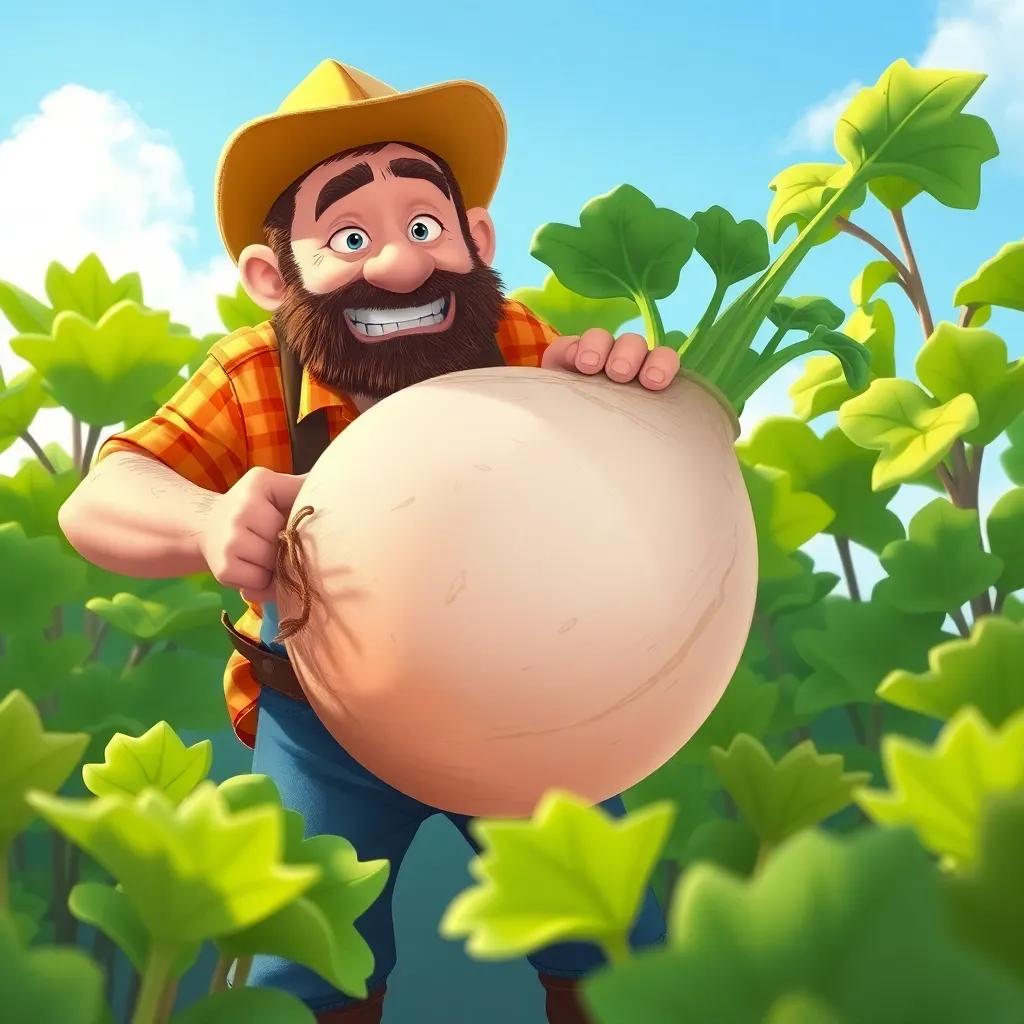 The farmer, looking determined, tugging a gigantic turnip with all his might, showing effort and sweat, surrounded by green leaves and a clear blue sky, illustration, engaging, fun and playful