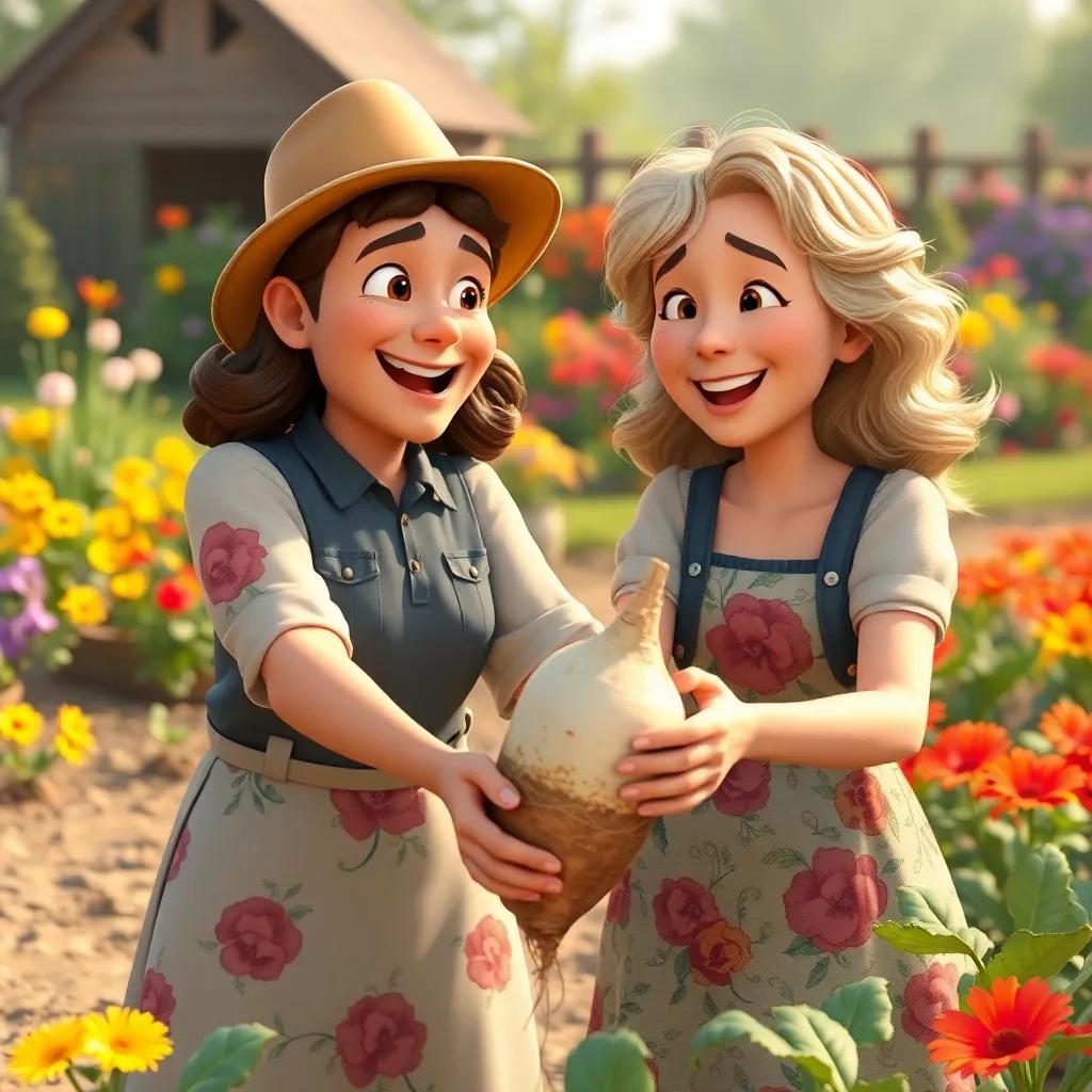 The farmer's wife, a kind woman with wavy hair wearing a floral dress, joining him to pull the turnip, their faces filled with joy and surprise, colorful garden in the background, cheerful, warm light, heartwarming scene
