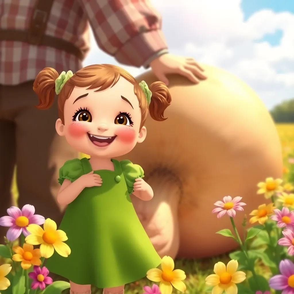 A little girl with pigtails in a green dress, smiling while helping her parents, tugging on the enormous turnip, surrounded by bright flowers and a bright sky, joyful, vibrant colors, delightful illustration