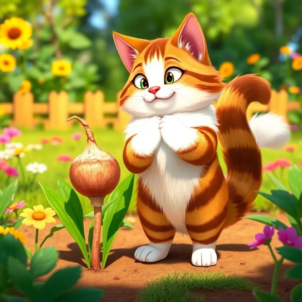 A fluffy cat with stripes, standing confidently with a swish of its tail, looking at the turnip with determination, in a sunny garden, playful and whimsical, colorful, charming view, animal character