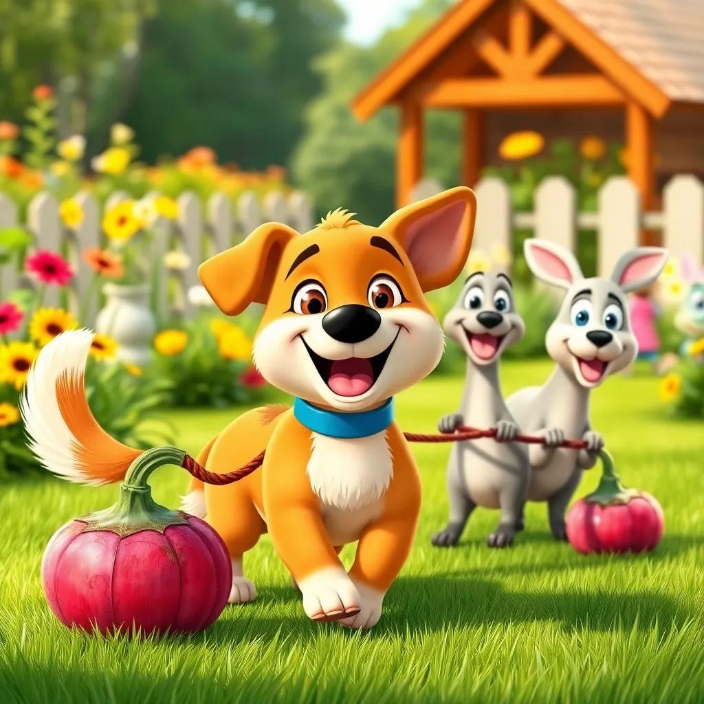 A cheerful dog, wagging its tail, joining the group of friends to pull the turnip, with a bright sunny day and garden background, cute and friendly, bright colors, engaging image