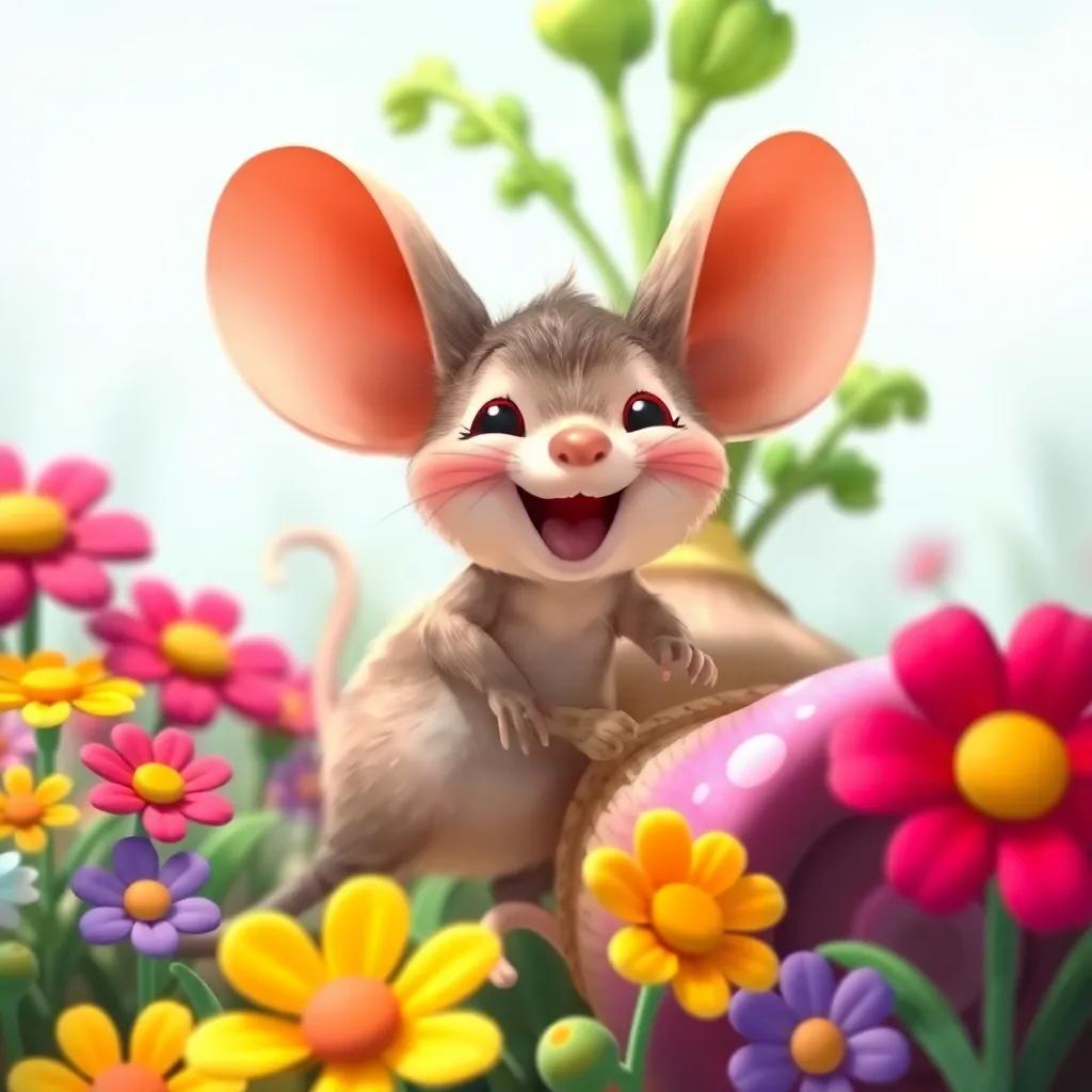 A tiny mouse with big ears, squeaking joyfully as it joins in to help the team pull the turnip, bright colorful flowers surrounding them, joyful expression, whimsical and playful illustration