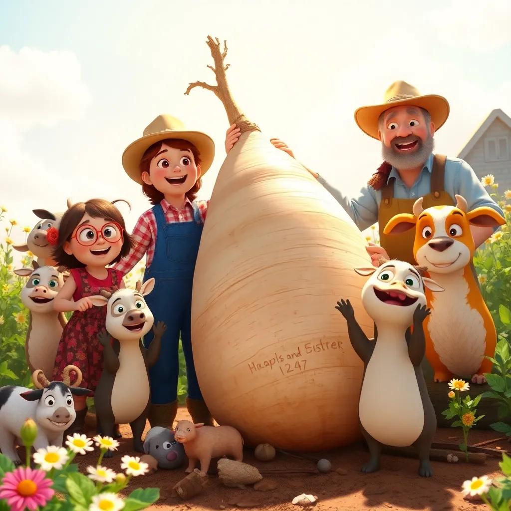 The team of the farmer, wife, daughter, and animals finally pulling out the enormous turnip together, a burst of excitement and joy on their faces, sunny setting with flowers, happy and energetic atmosphere, celebratory art style