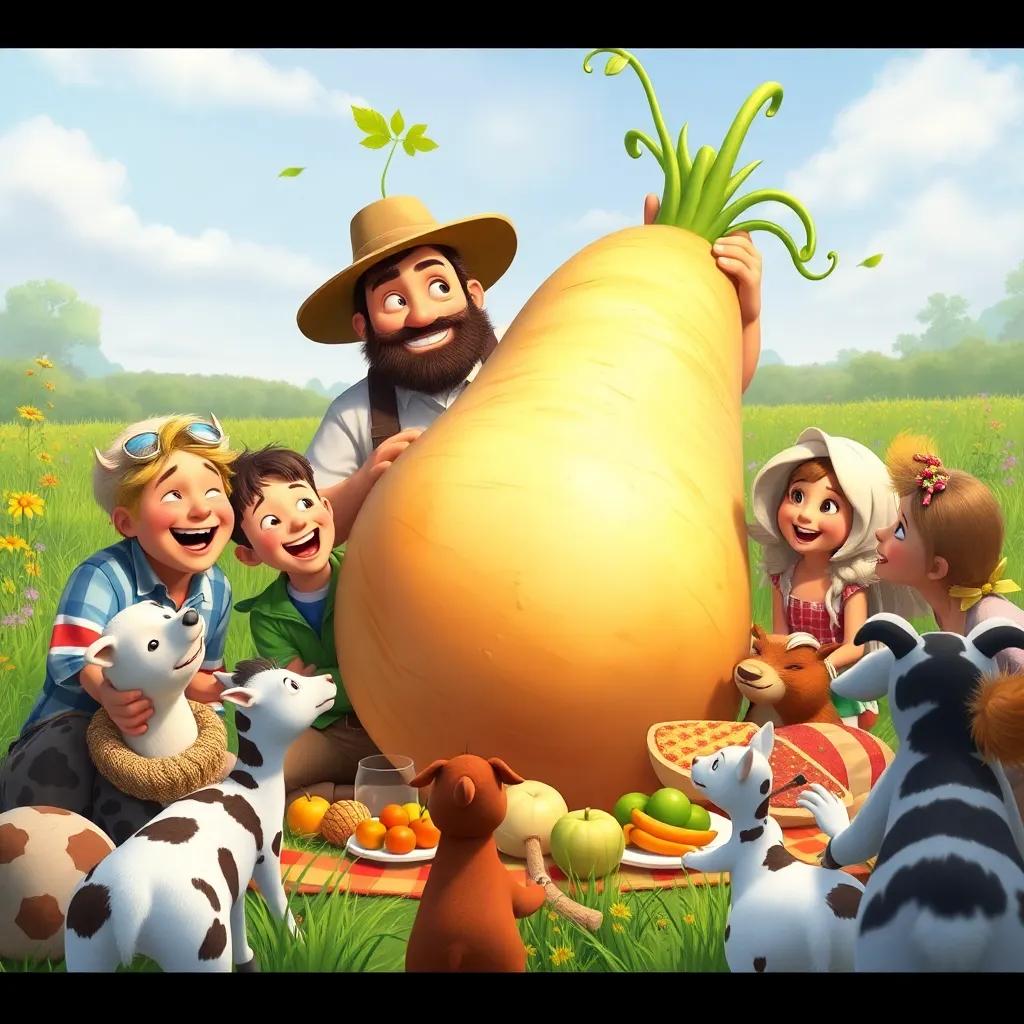 The farmer and his family, along with their animal friends, sharing the enormous turnip in a feast, laughter and smiles all around, colorful picnic in a meadow, joyful spirit, heartwarming storytelling scene