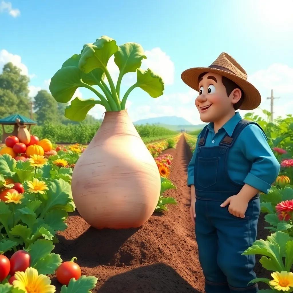 A farmer named Tom in a big garden, with colorful vegetables, looking amazed at a gigantic turnip growing from the ground, bright sunny day, cheerful atmosphere, digital art, vibrant colors, child-friendly, high quality