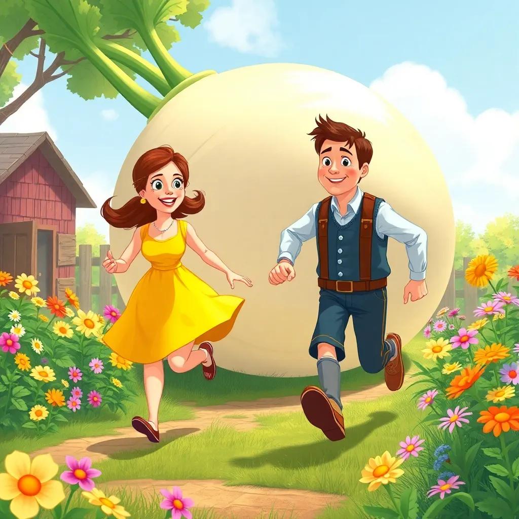 Tom's wife, Mary, with a sunny dress, running over with a smile, joining Tom near the enormous turnip, garden filled with flowers, cheerful vibe, illustration, bright colors, friendly and inviting