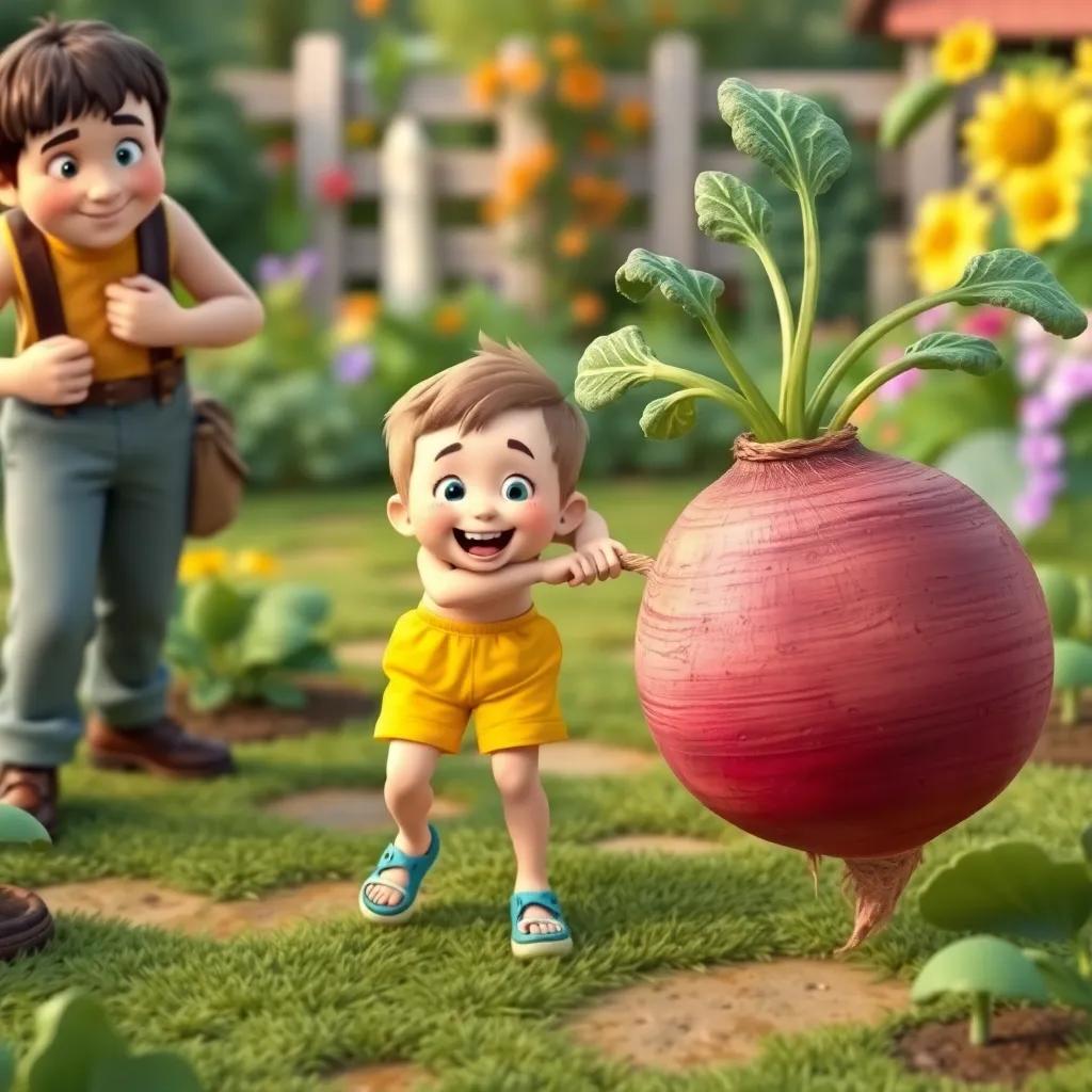 A little boy named Tim in bright blue shorts, excitedly joining Tom and Mary, tugging on the big turnip with effort, colorful garden background, joyful scene, playful style, cheerful details, high quality